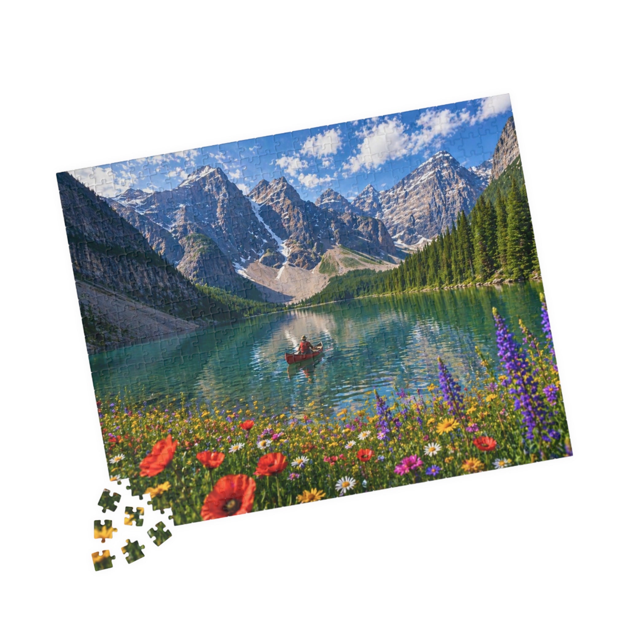 Mountain Lake Canoe Puzzle – Scenic Nature Jigsaw Puzzle, Alpine Lake & Wildflowers, Relaxing Landscape Puzzle, Gift for Nature Lovers