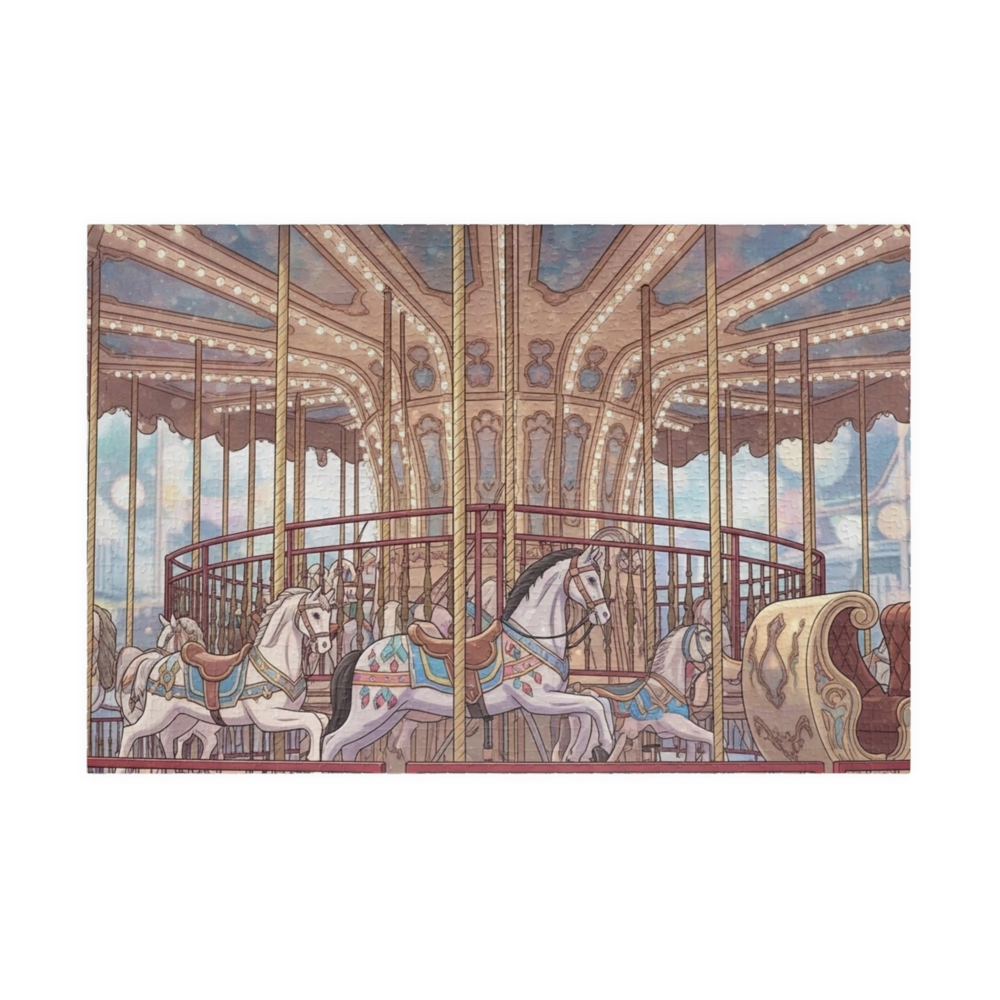 Vintage Carousel Puzzle 1000 Piece, Twilight Fairground Jigsaw Puzzle, Magical Amusement Park Art