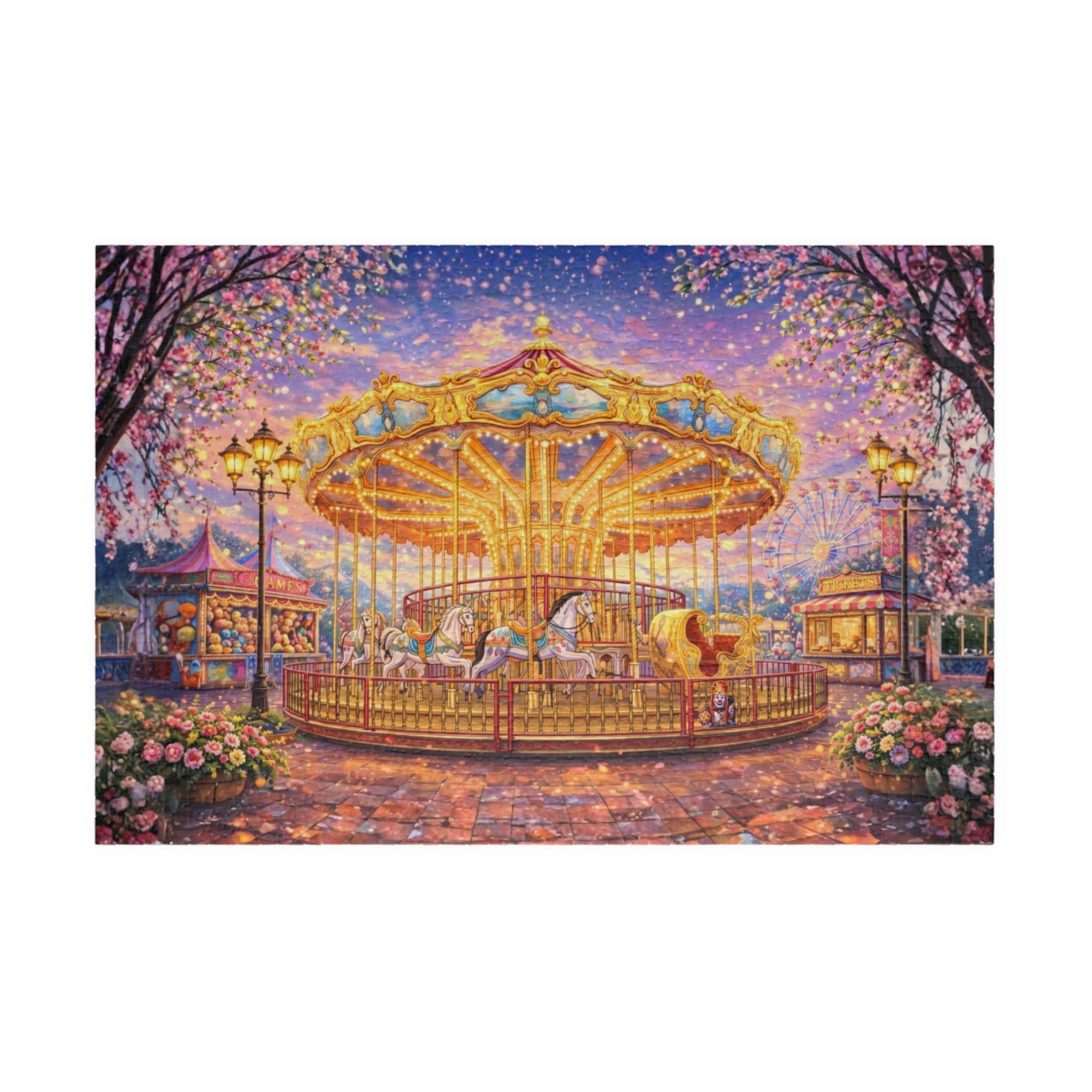 Carousel Jigsaw Puzzle 500 or 1000 Piece Vintage Fair Puzzle, Magical Amusement Park Art Puzzle