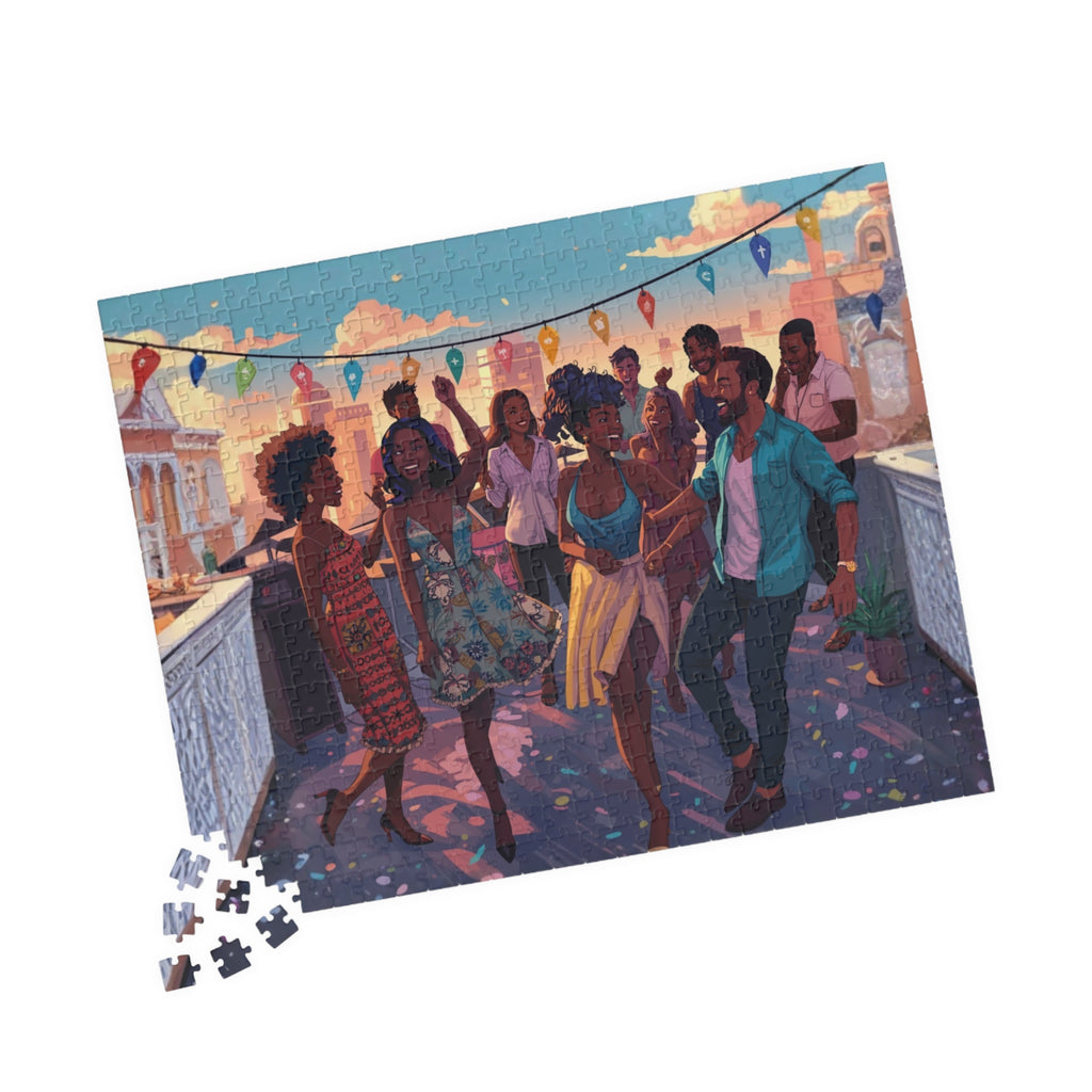 Sunset Rooftop Puzzle – 500 Piece Jigsaw Puzzle, Party Scene Puzzle, Colorful City Night Puzzle, Gift for Puzzle Lovers